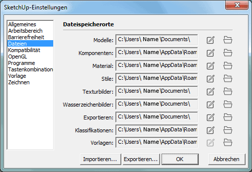 SketchUp-Einstellungen : Datei-Speicherorte
